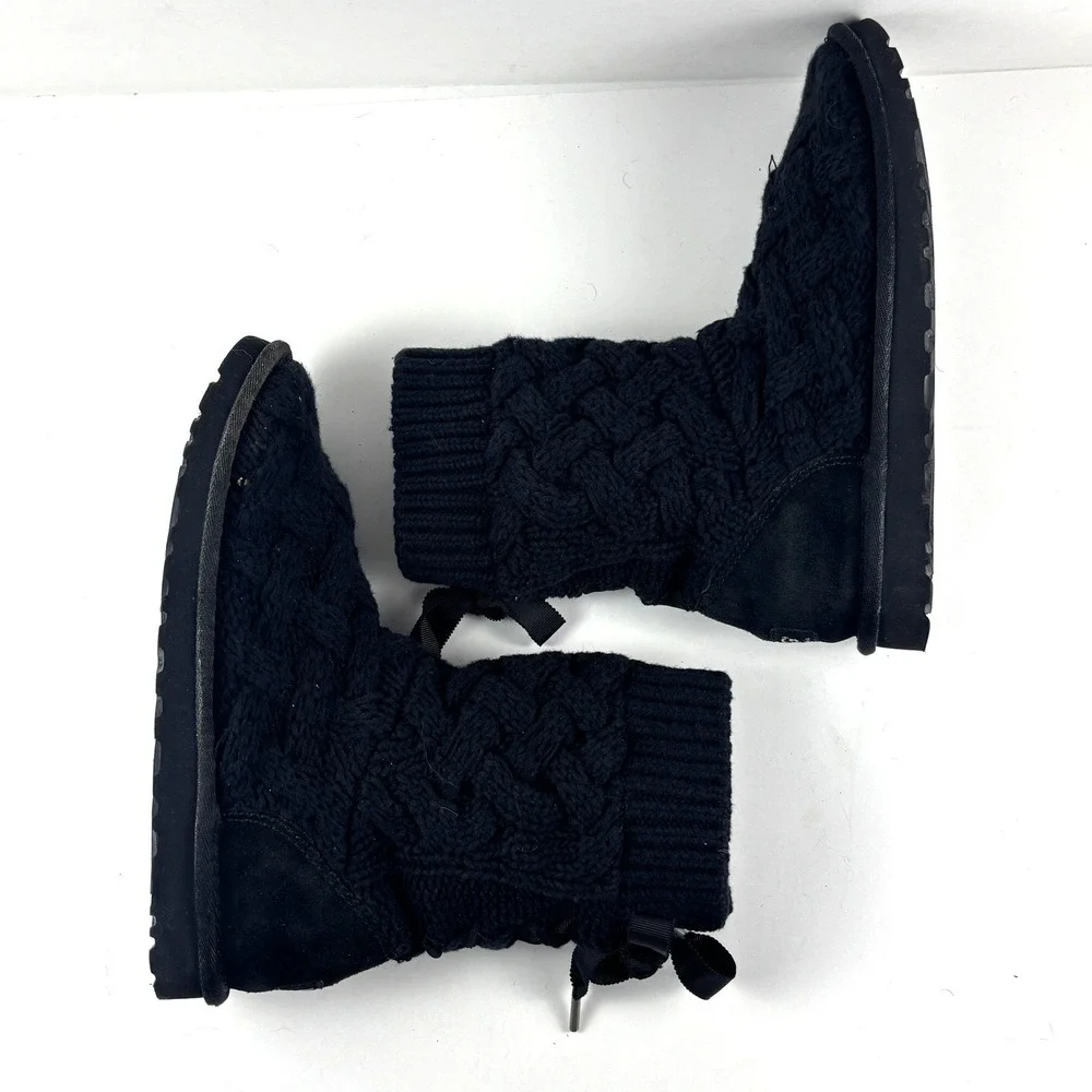 UGG Isla Cable Knit Boots Women 7 Black‎ Ribbon Bow 1008840 Cozy Coquette Bows